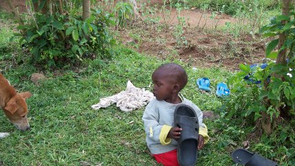 orphan child with a large sandal and a dog